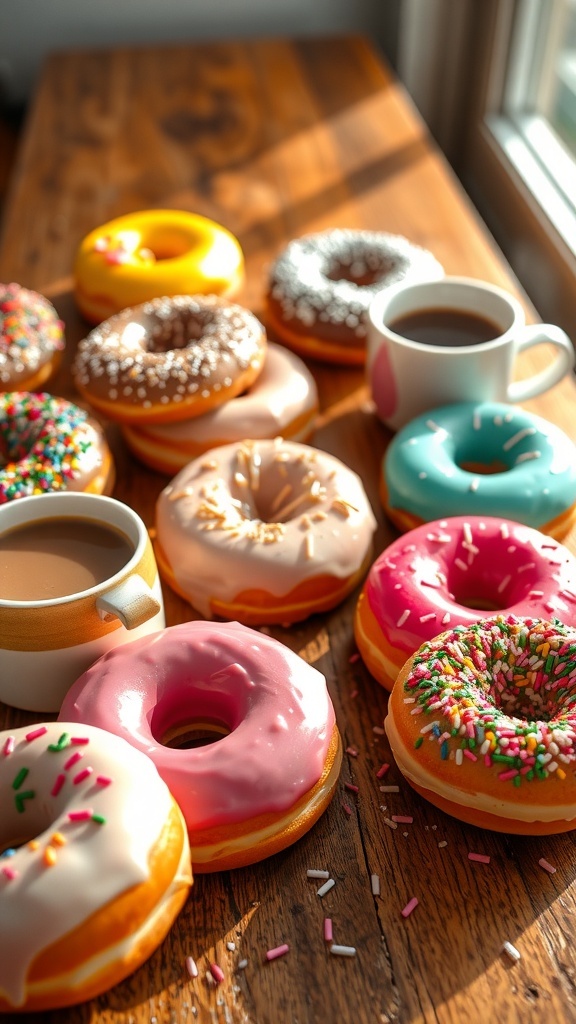 Donut Photography Ideas A colorful assortment of donuts on a wooden table with a coffee cup and sprinkles.